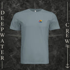 Blue Storm Deepwater Crew Co. Called to Fish crewneck T-shirt, front view with small sunset-and-wave crest with DC logo.