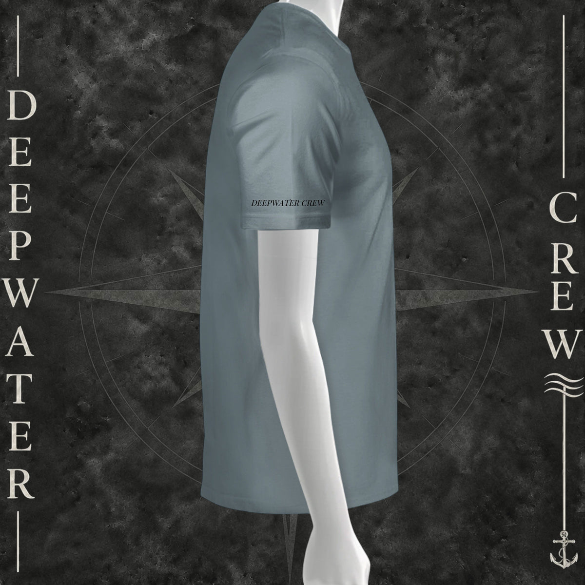 Blue Storm Deepwater Crew Co. Called to Fish T-shirt, right-side view showing Deepwater Crew sleeve print.