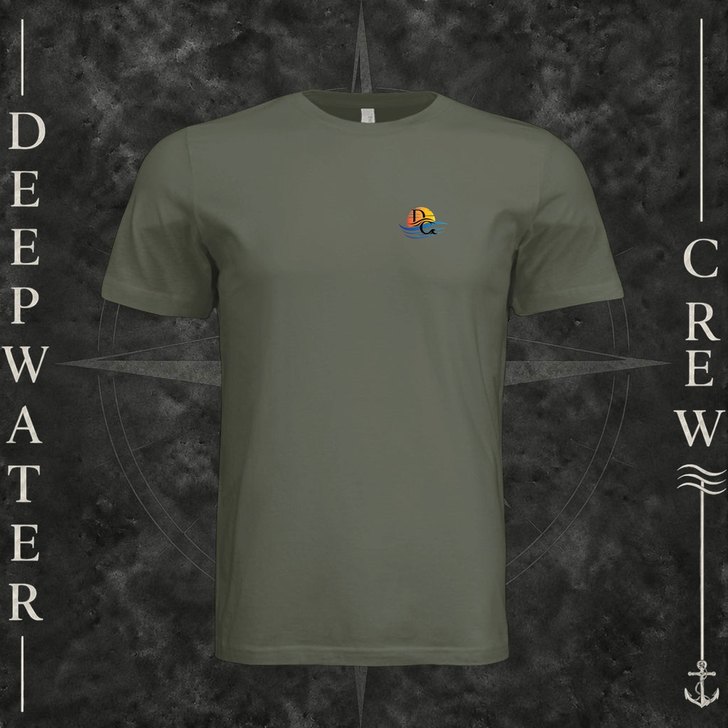 Dark Olive Deepwater Crew Co. Called to Fish crewneck T-shirt, front view with small sunset-and-wave crest with DC logo.