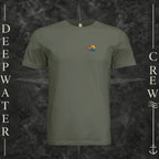 Dark Olive Deepwater Crew Co. Called to Fish crewneck T-shirt, front view with small sunset-and-wave crest with DC logo.