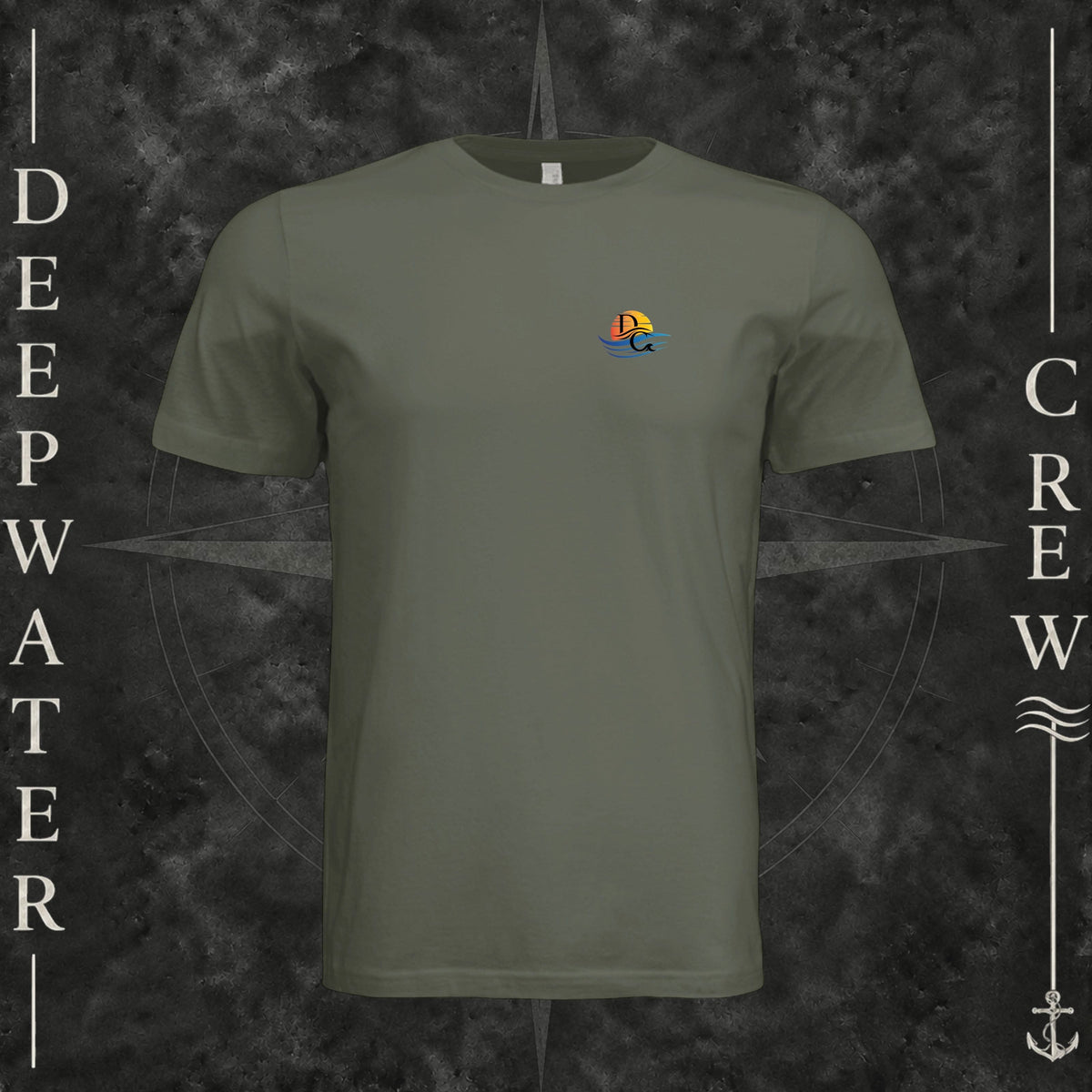 Dark Olive Deepwater Crew Co. Called to Fish crewneck T-shirt, front view with small sunset-and-wave crest with DC logo.