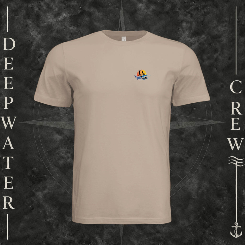 Dust Deepwater Crew Co. Called to Fish crewneck T-shirt, front view with small sunset-and-wave crest with DC logo.