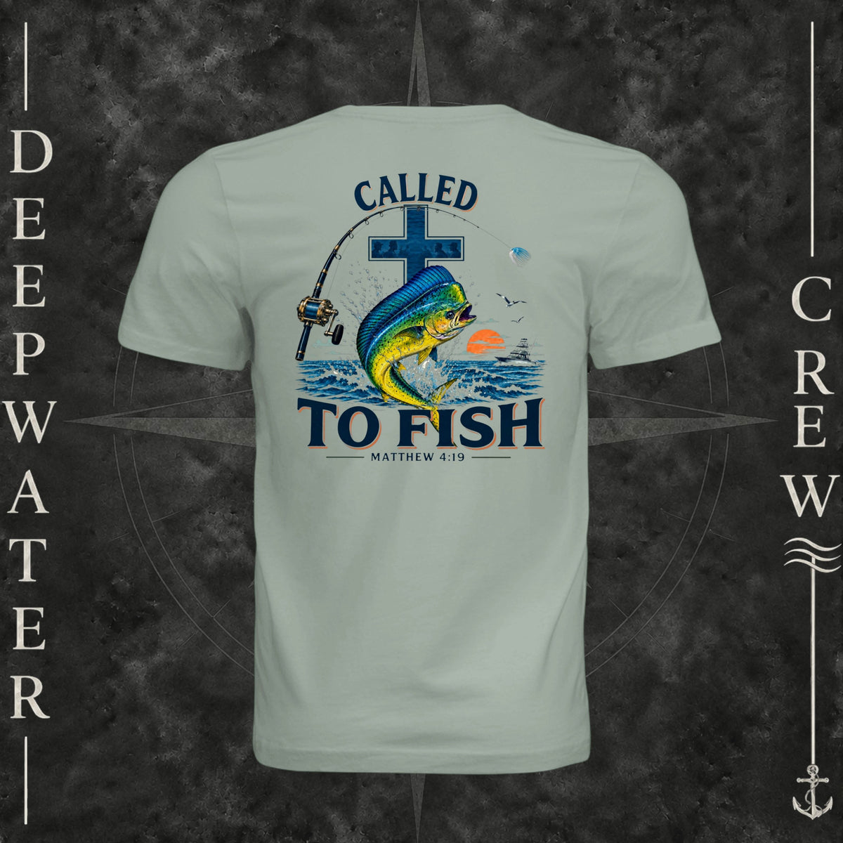 Dusty Blue Deepwater Crew Co. Called to Fish crewneck T-shirt, back view with cross, mahi-mahi, waves, offshore fishing elements, Matthew 4:19, and Called to Fish lettering.