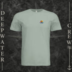 Dusty Blue Deepwater Crew Co. Called to Fish crewneck T-shirt, front view with small sunset-and-wave crest with DC logo.