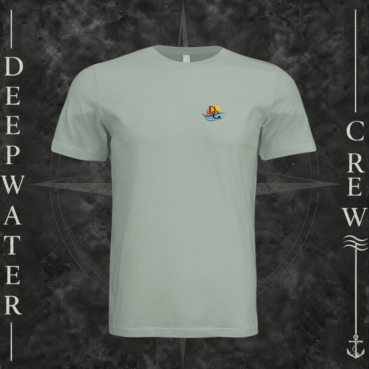Dusty Blue Deepwater Crew Co. Called to Fish crewneck T-shirt, front view with small sunset-and-wave crest with DC logo.