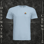 Light Blue Deepwater Crew Co. Called to Fish crewneck T-shirt, front view with small sunset-and-wave crest with DC logo.