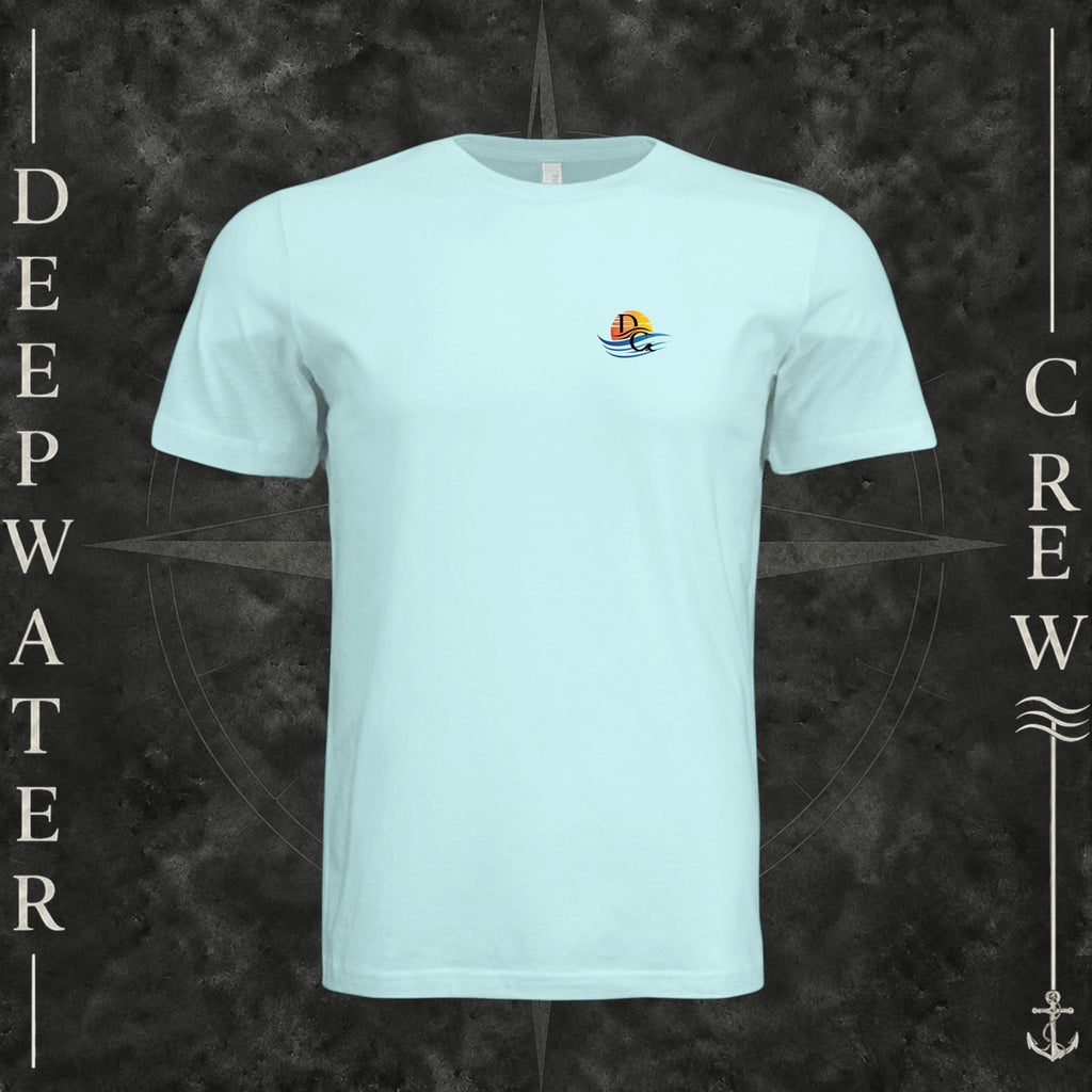 Mint Deepwater Crew Co. Called to Fish crewneck T-shirt, front view with small sunset-and-wave crest with DC logo.