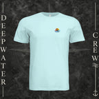 Mint Deepwater Crew Co. Called to Fish crewneck T-shirt, front view with small sunset-and-wave crest with DC logo.