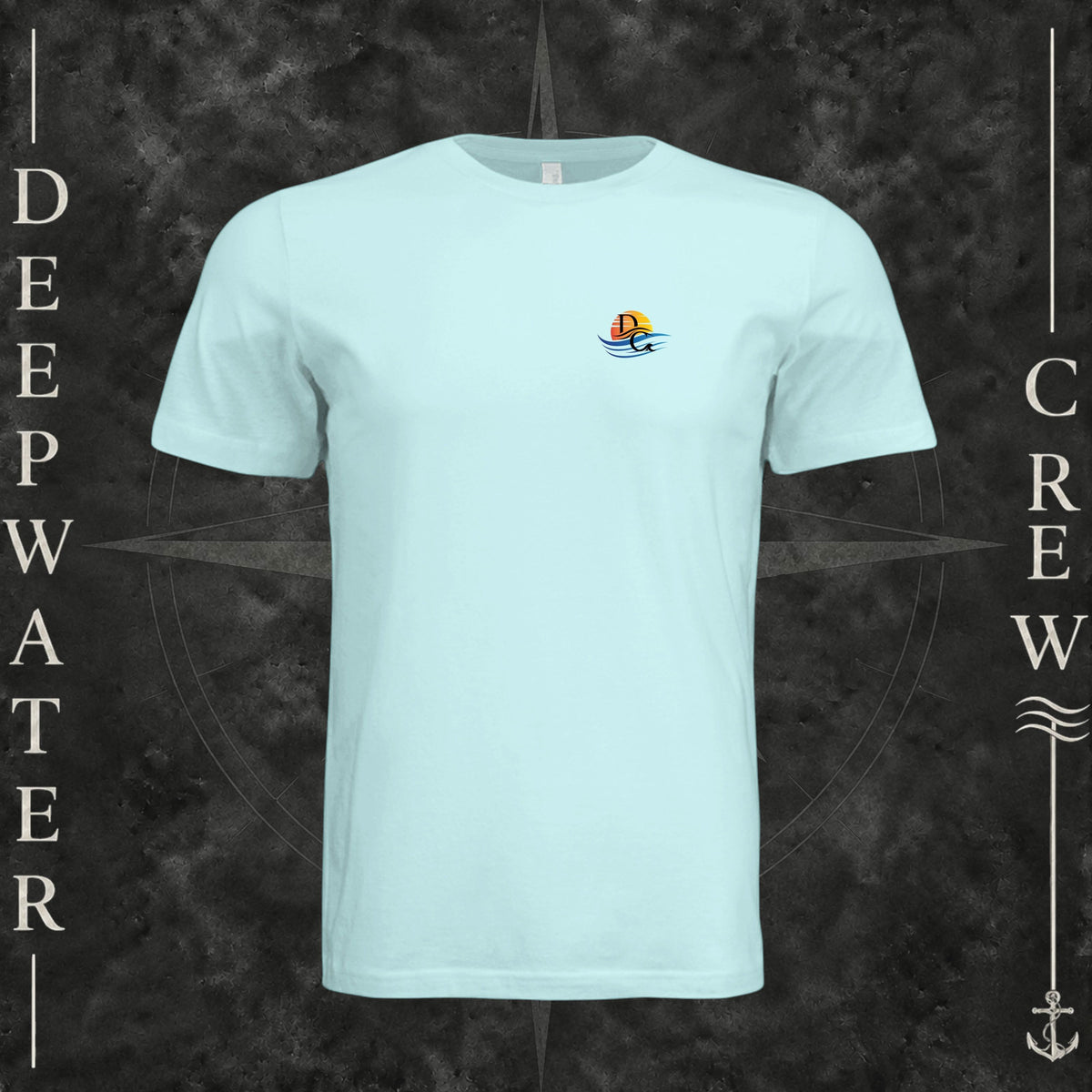 Mint Deepwater Crew Co. Called to Fish crewneck T-shirt, front view with small sunset-and-wave crest with DC logo.