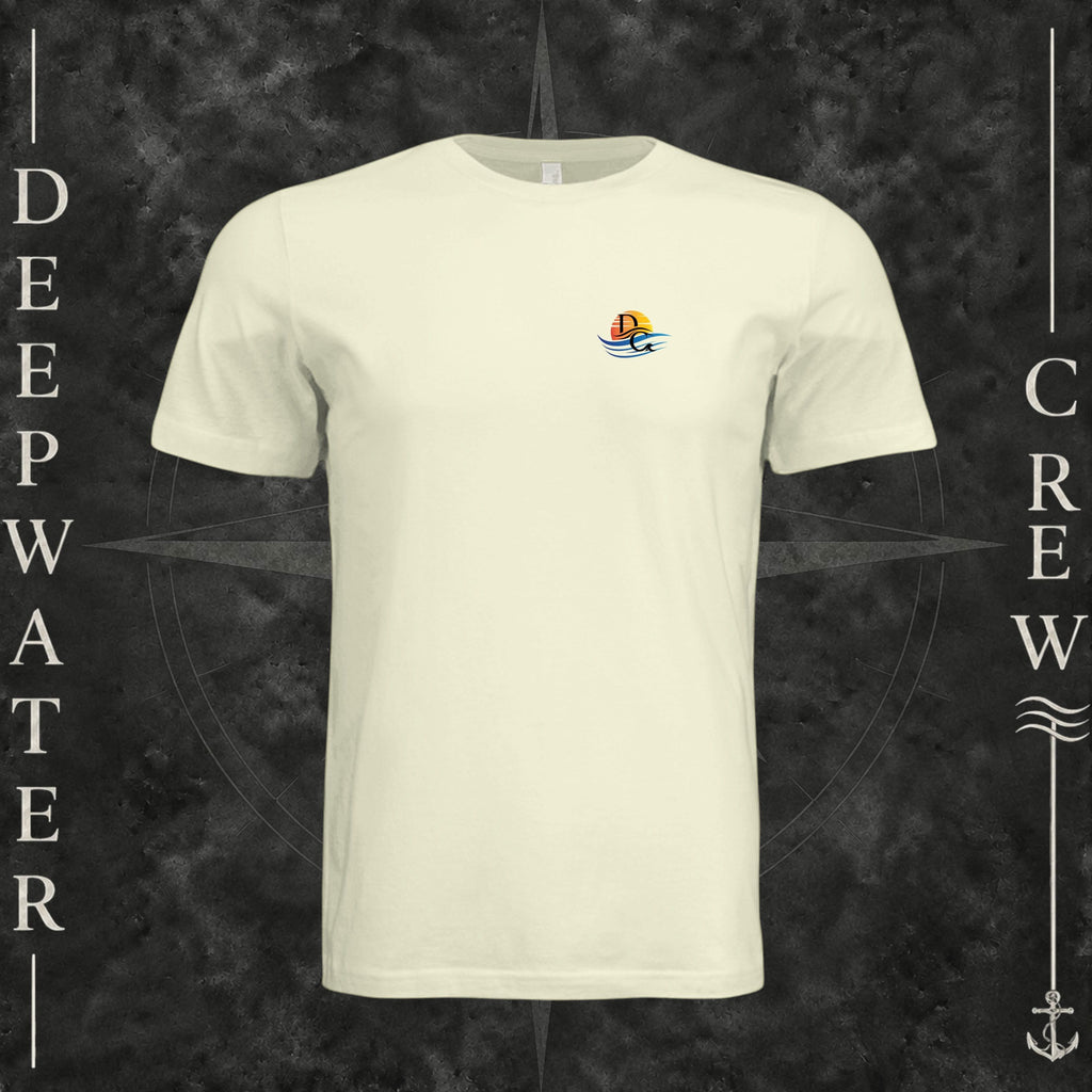 Natural Deepwater Crew Co. Called to Fish crewneck T-shirt, front view with small sunset-and-wave crest with DC logo.