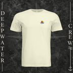 Natural Deepwater Crew Co. Called to Fish crewneck T-shirt, front view with small sunset-and-wave crest with DC logo.