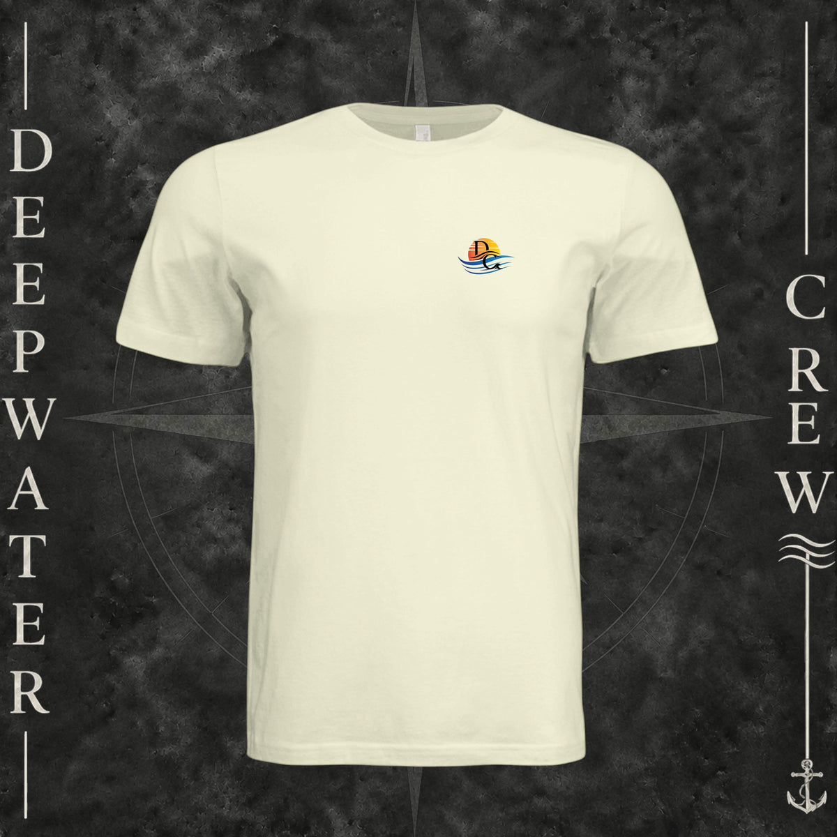 Natural Deepwater Crew Co. Called to Fish crewneck T-shirt, front view with small sunset-and-wave crest with DC logo.