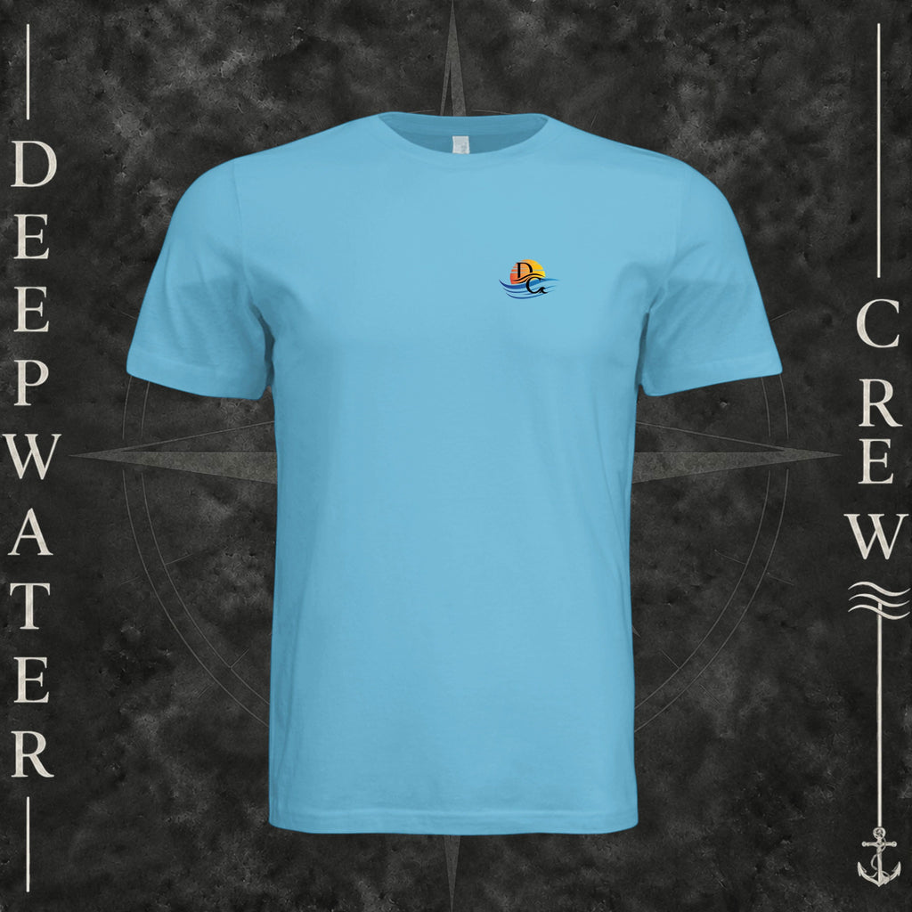 Ocean Blue Deepwater Crew Co. Called to Fish crewneck T-shirt, front view with small sunset-and-wave crest with DC logo.