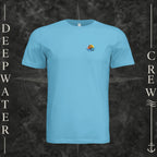 Ocean Blue Deepwater Crew Co. Called to Fish crewneck T-shirt, front view with small sunset-and-wave crest with DC logo.