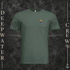 Pine Deepwater Crew Co. Called to Fish crewneck T-shirt, front view with small sunset-and-wave crest with DC logo.