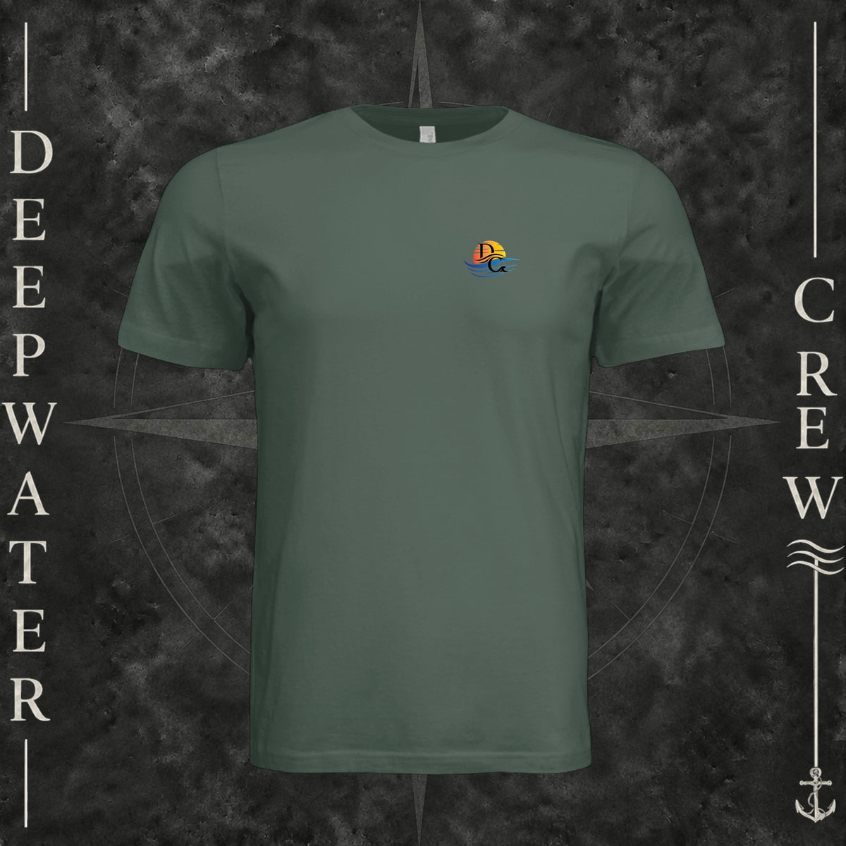 Pine Deepwater Crew Co. Called to Fish crewneck T-shirt, front view with small sunset-and-wave crest with DC logo.