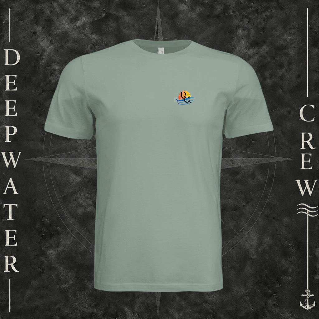 Sage Deepwater Crew Co. Called to Fish crewneck T-shirt, front view with small sunset-and-wave crest with DC logo.