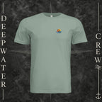 Sage Deepwater Crew Co. Called to Fish crewneck T-shirt, front view with small sunset-and-wave crest with DC logo.