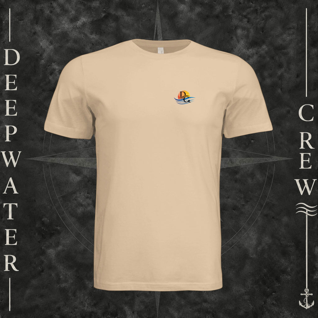 Sand Dune Deepwater Crew Co. Called to Fish crewneck T-shirt, front view with small sunset-and-wave crest with DC logo.