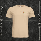 Sand Dune Deepwater Crew Co. Called to Fish crewneck T-shirt, front view with small sunset-and-wave crest with DC logo.