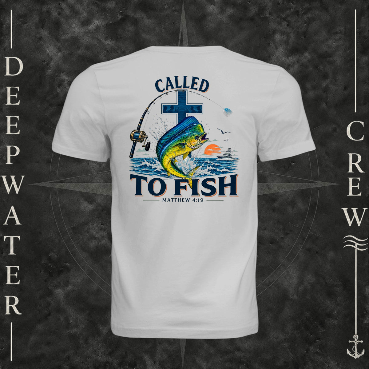 Silver Deepwater Crew Co. Called to Fish crewneck T-shirt, back view with cross, mahi-mahi, waves, offshore fishing elements, Matthew 4:19, and Called to Fish lettering.