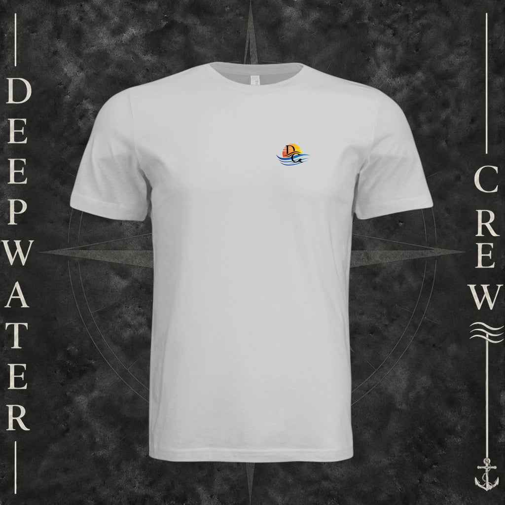 Silver Deepwater Crew Co. Called to Fish crewneck T-shirt, front view with small sunset-and-wave crest with DC logo.