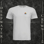 Silver Deepwater Crew Co. Called to Fish crewneck T-shirt, front view with small sunset-and-wave crest with DC logo.