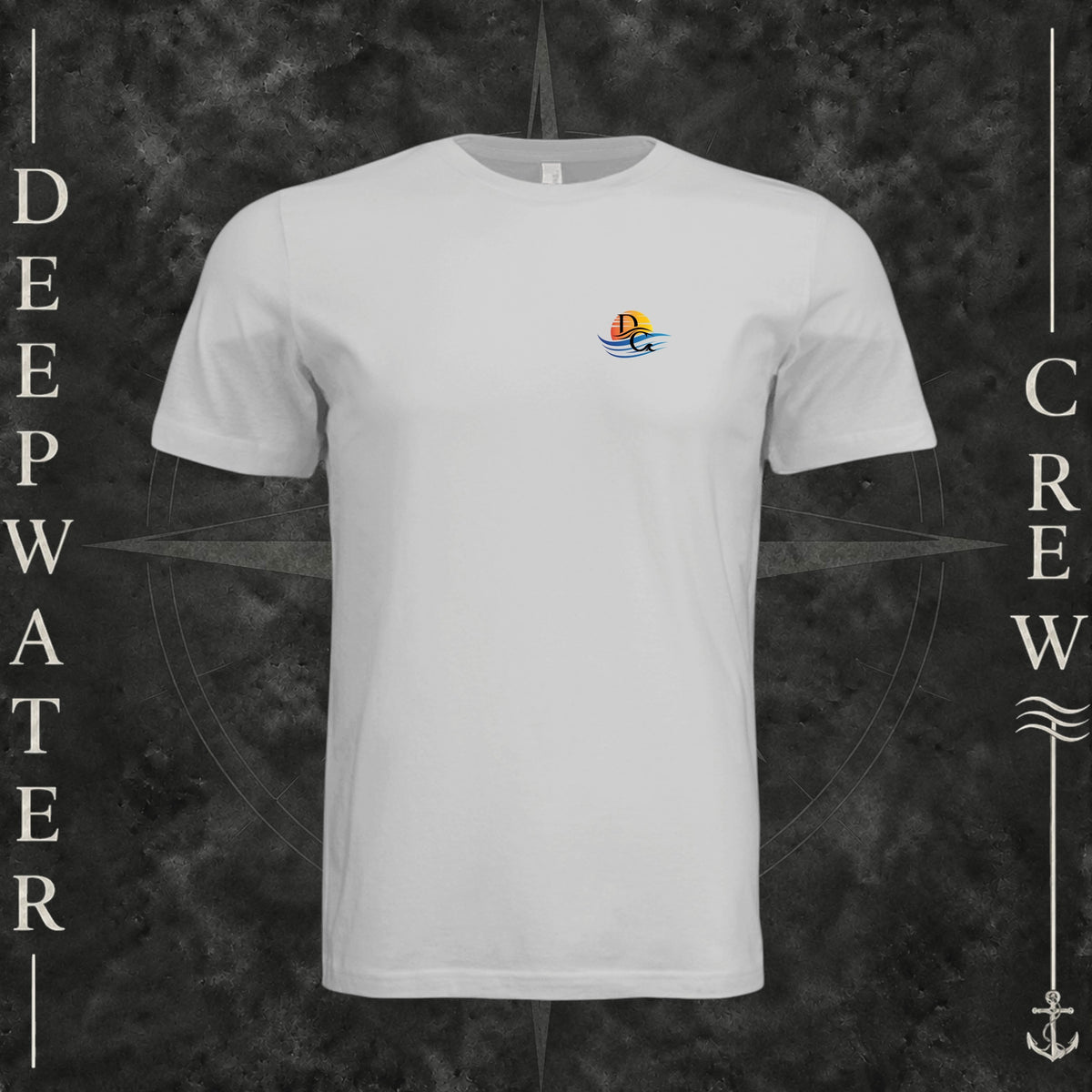 Silver Deepwater Crew Co. Called to Fish crewneck T-shirt, front view with small sunset-and-wave crest with DC logo.