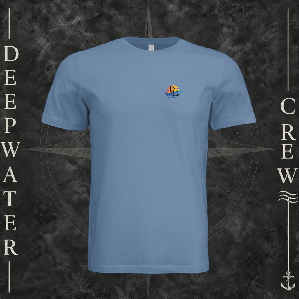 Slate Deepwater Crew Co. Called to Fish crewneck T-shirt, front view with small sunset-and-wave crest with DC logo.
