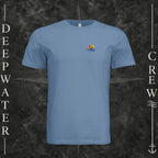 Slate Deepwater Crew Co. Called to Fish crewneck T-shirt, front view with small sunset-and-wave crest with DC logo.