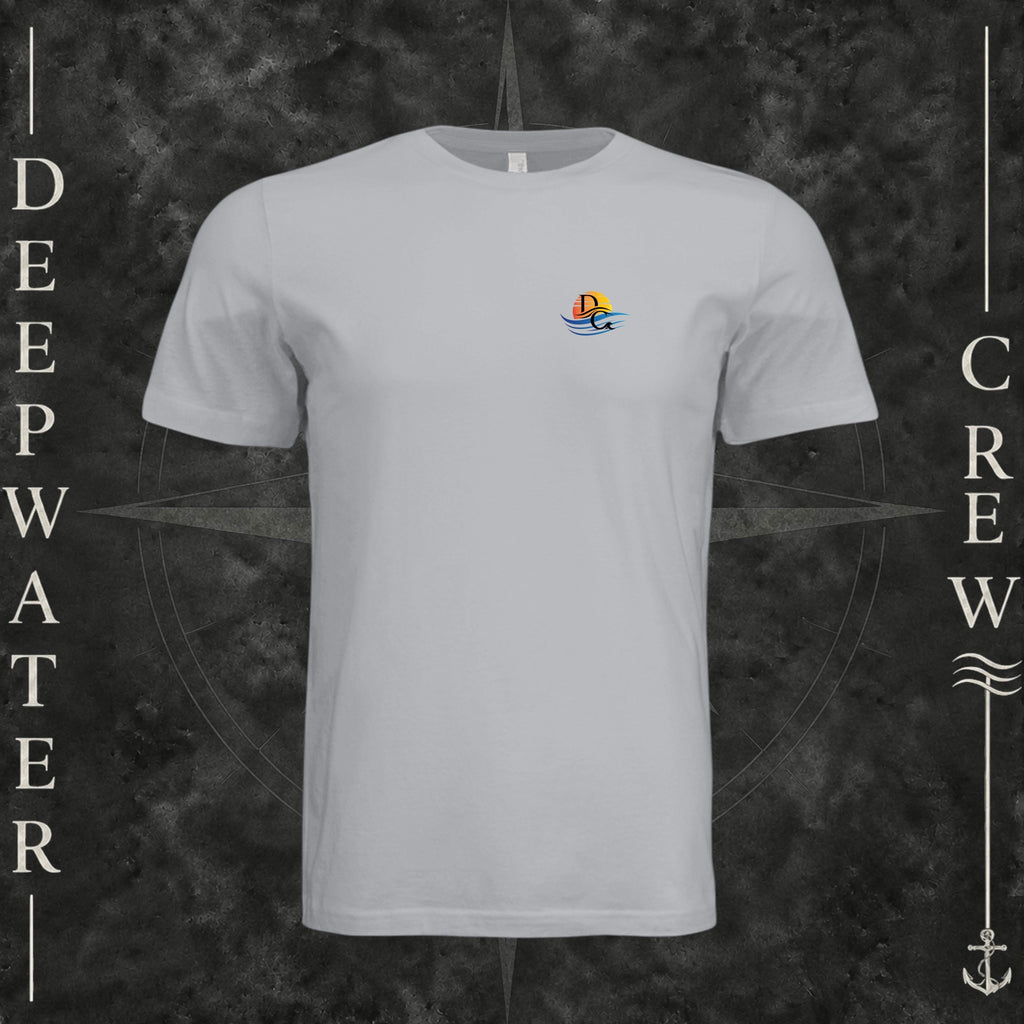 Solid Athletic Grey Deepwater Crew Co. Called to Fish crewneck T-shirt, front view with small sunset-and-wave crest with DC logo.