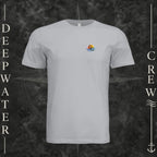 Solid Athletic Grey Deepwater Crew Co. Called to Fish crewneck T-shirt, front view with small sunset-and-wave crest with DC logo.