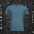 Steel Blue Deepwater Crew Co. Called to Fish crewneck T-shirt, front view with small sunset-and-wave crest with DC logo.