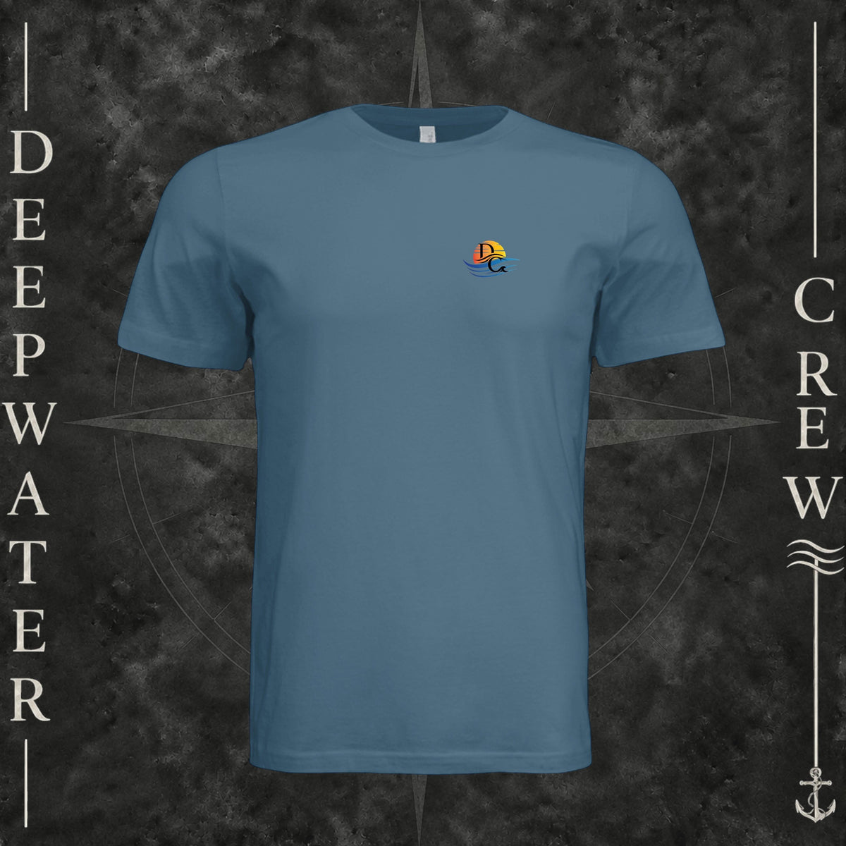Steel Blue Deepwater Crew Co. Called to Fish crewneck T-shirt, front view with small sunset-and-wave crest with DC logo.