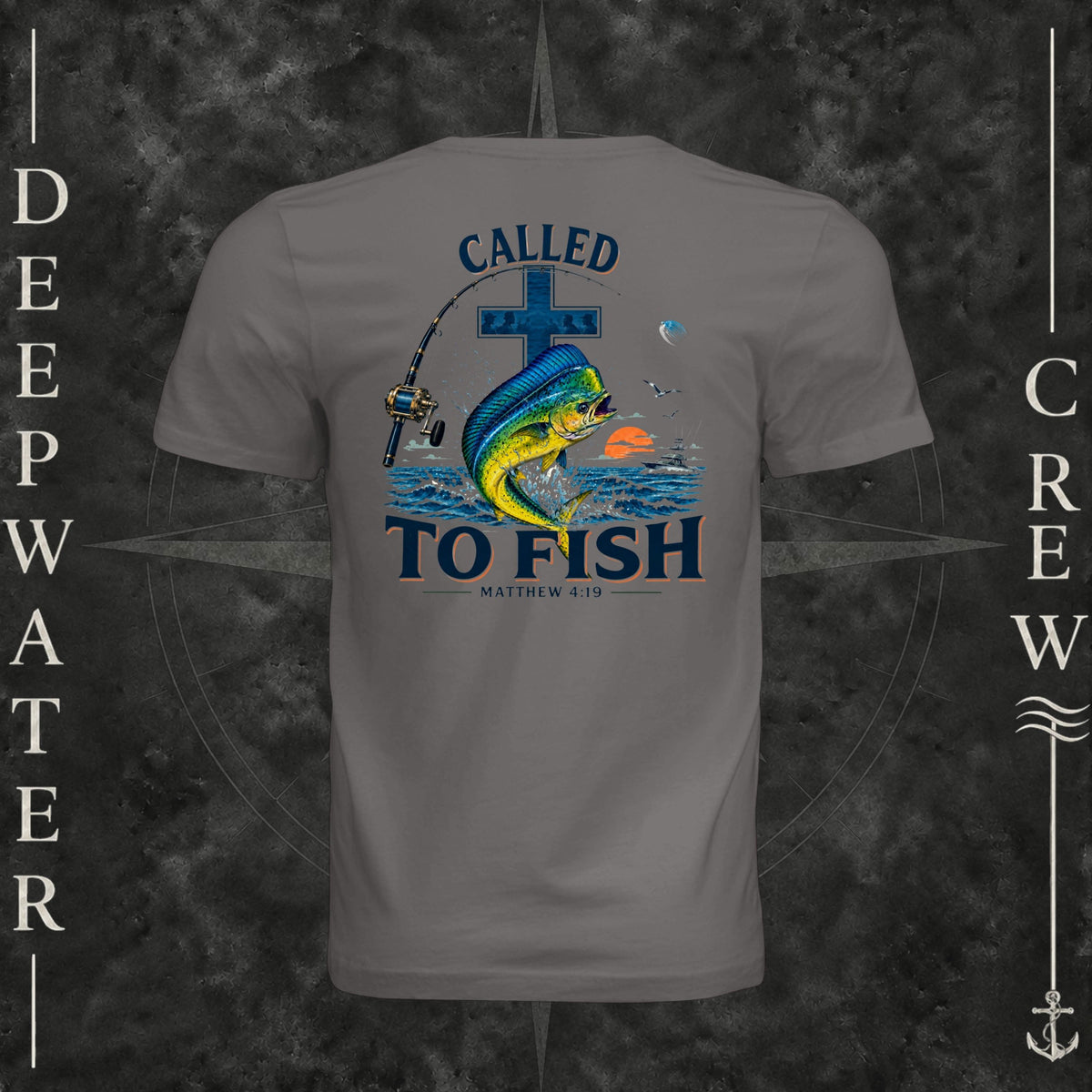 Storm Deepwater Crew Co. Called to Fish crewneck T-shirt, back view with cross, mahi-mahi, waves, offshore fishing elements, Matthew 4:19, and Called to Fish lettering.