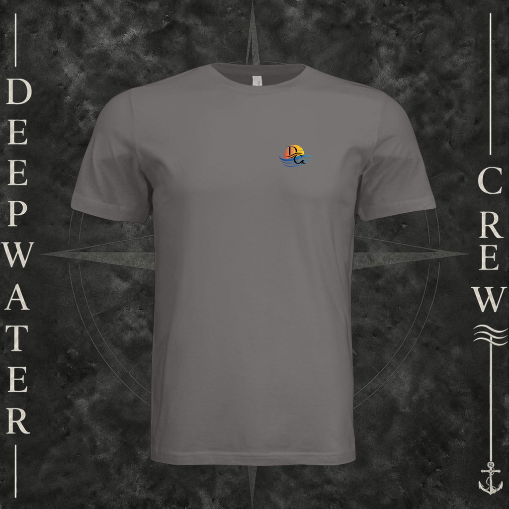 Storm Deepwater Crew Co. Called to Fish crewneck T-shirt, front view with small sunset-and-wave crest with DC logo.