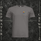 Storm Deepwater Crew Co. Called to Fish crewneck T-shirt, front view with small sunset-and-wave crest with DC logo.