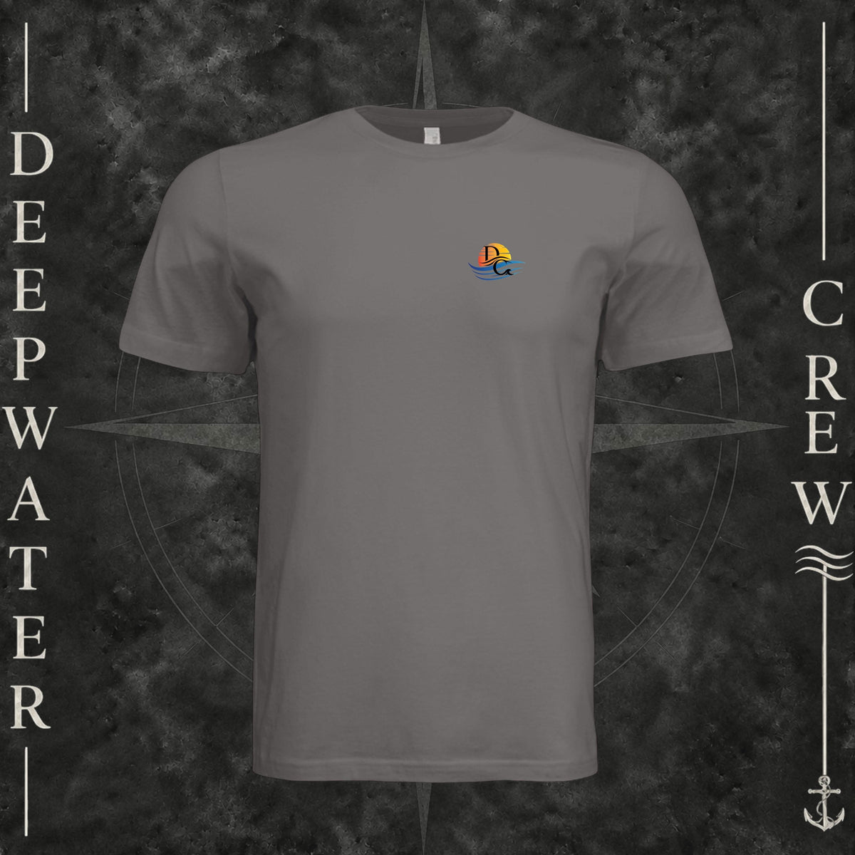 Storm Deepwater Crew Co. Called to Fish crewneck T-shirt, front view with small sunset-and-wave crest with DC logo.