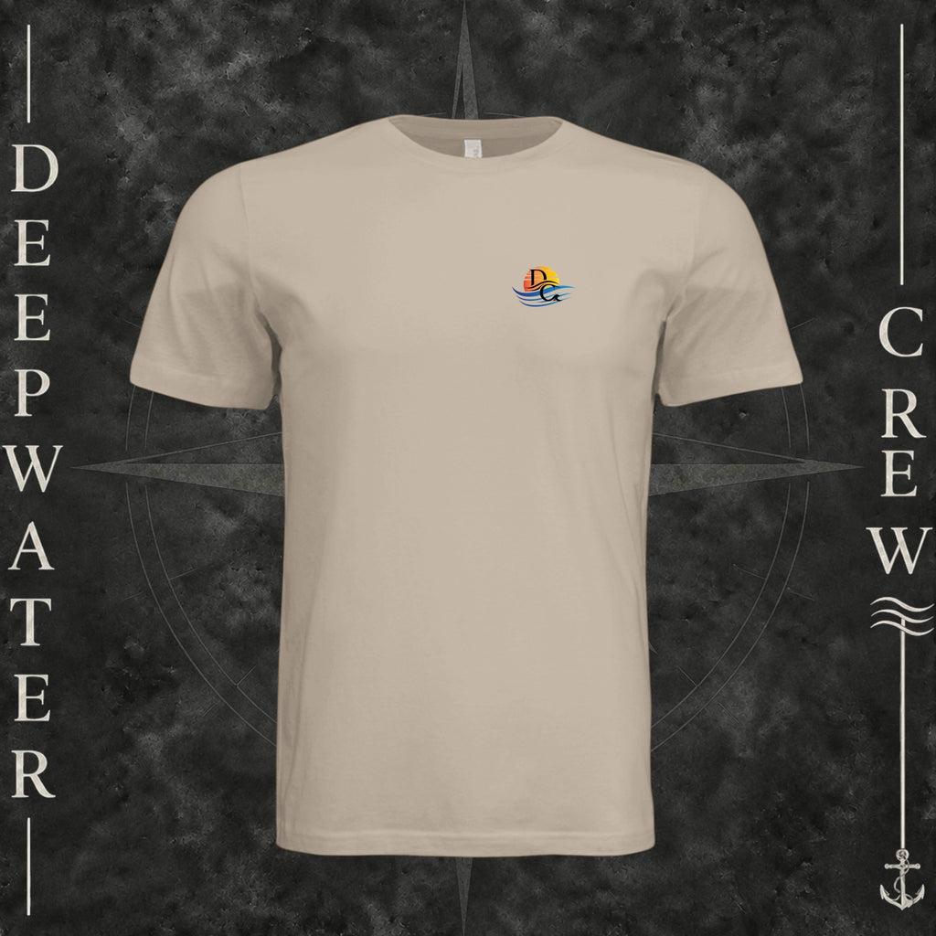 Tan Deepwater Crew Co. Called to Fish crewneck T-shirt, front view with small sunset-and-wave crest with DC logo.