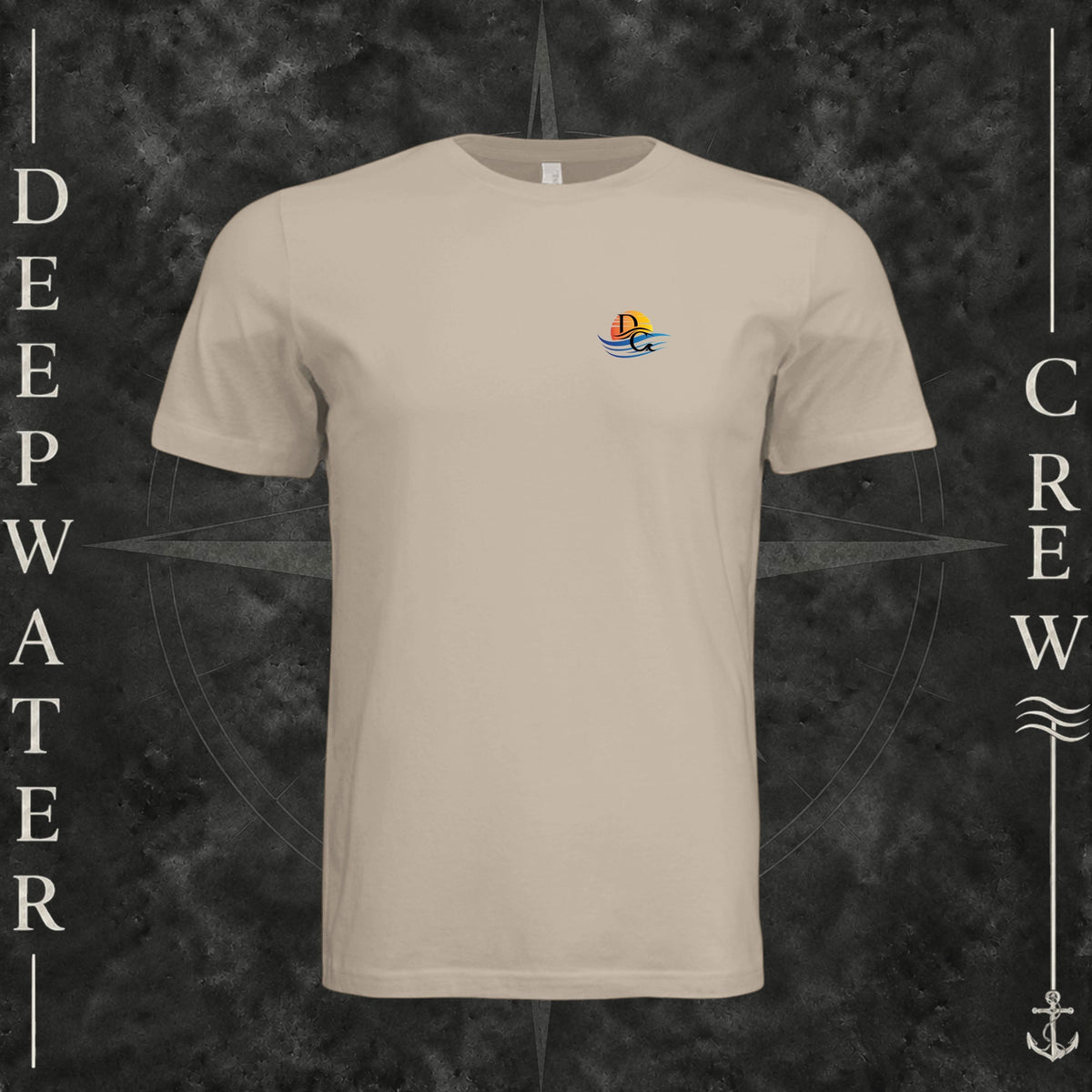 Tan Deepwater Crew Co. Called to Fish crewneck T-shirt, front view with small sunset-and-wave crest with DC logo.