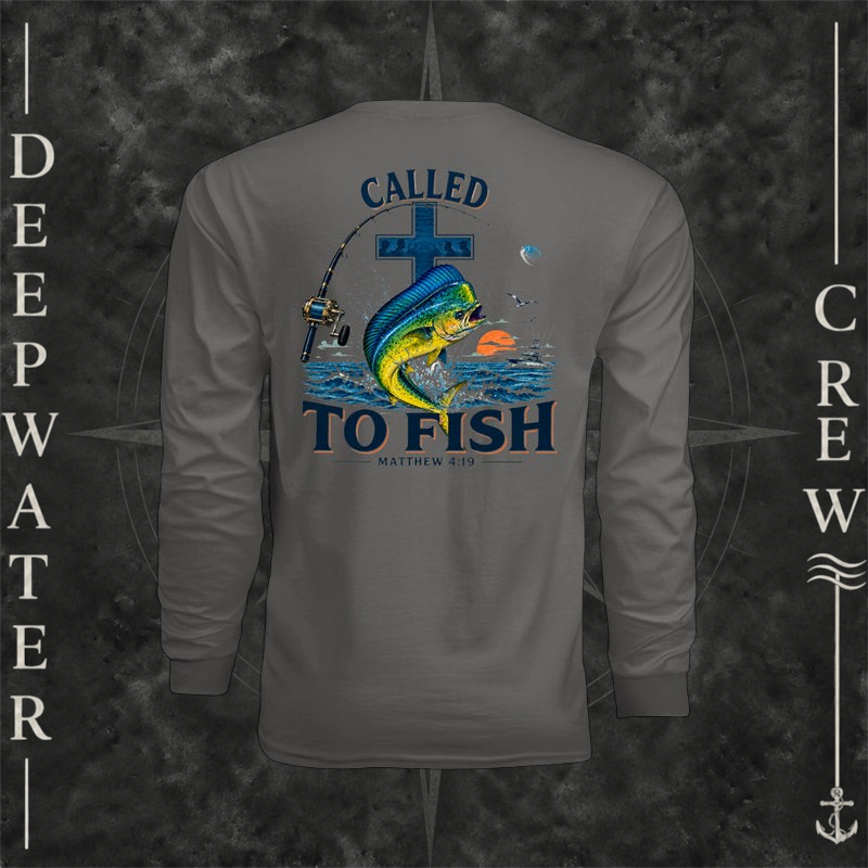 Graphite Deepwater Crew Co. Called to Fish UPF 44+ long-sleeve performance shirt, back view with cross, mahi-mahi, waves, offshore fishing elements, Matthew 4:19, and Called to Fish lettering.