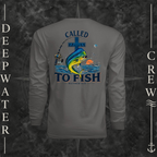 Graphite Deepwater Crew Co. Called to Fish UPF 44+ long-sleeve performance shirt, back view with cross, mahi-mahi, waves, offshore fishing elements, Matthew 4:19, and Called to Fish lettering.