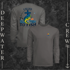 Graphite Deepwater Crew Co. Called to Fish UPF 44+ long-sleeve performance shirt showing front and back views with small sunset-and-wave crest with DC logo and Matthew 4:19 mahi-and-cross back graphic.