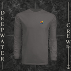 Graphite Deepwater Crew Co. Called to Fish UPF 44+ long-sleeve performance shirt, front view with small sunset-and-wave crest with DC logo.