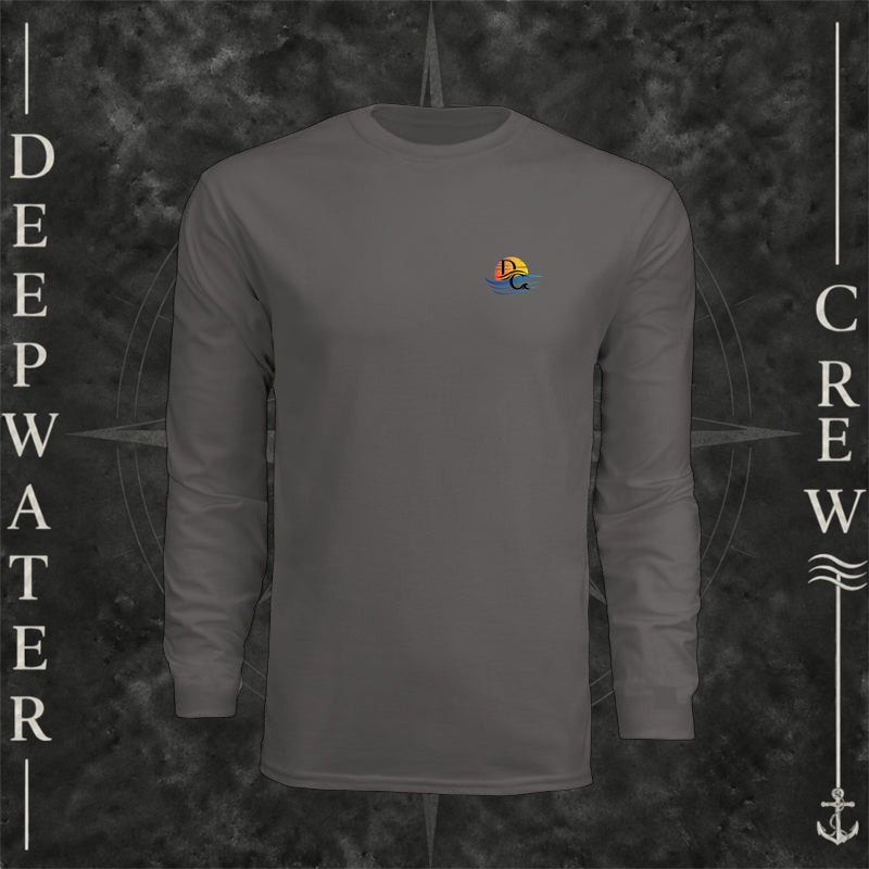 Graphite Deepwater Crew Co. Called to Fish UPF 44+ long-sleeve performance shirt, front view with small sunset-and-wave crest with DC logo.