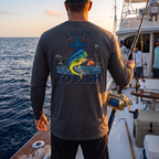 Model wearing a Graphite Deepwater Crew Co. Called to Fish UPF 44+ long-sleeve performance shirt in a lifestyle setting.