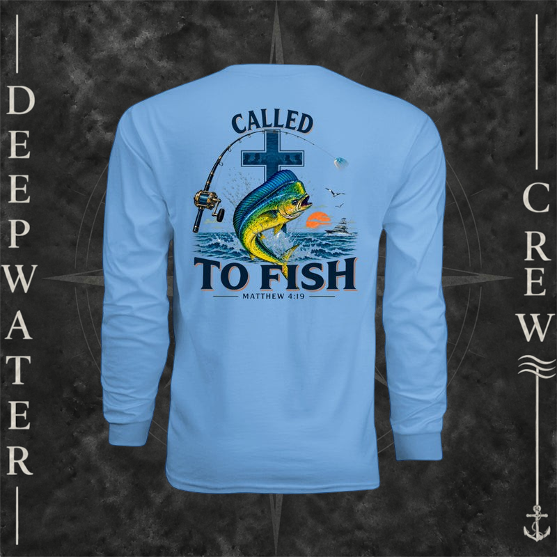 Light Blue Deepwater Crew Co. Called to Fish UPF 44+ long-sleeve performance shirt, back view with cross, mahi-mahi, waves, offshore fishing elements, Matthew 4:19, and Called to Fish lettering.