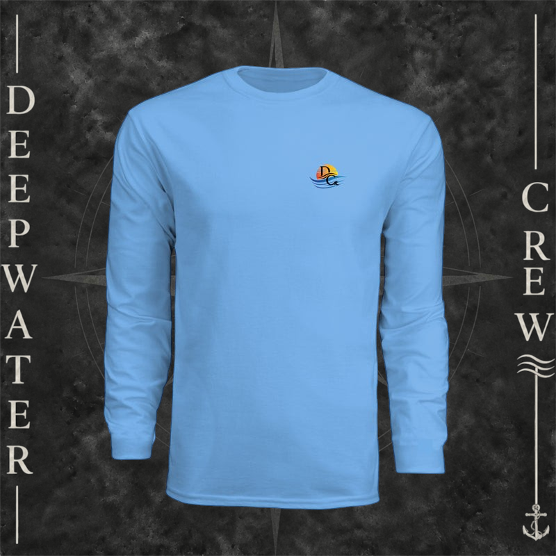 Light Blue Deepwater Crew Co. Called to Fish UPF 44+ long-sleeve performance shirt, front view with small sunset-and-wave crest with DC logo.