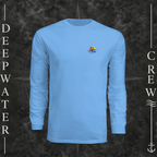 Light Blue Deepwater Crew Co. Called to Fish UPF 44+ long-sleeve performance shirt, front view with small sunset-and-wave crest with DC logo.