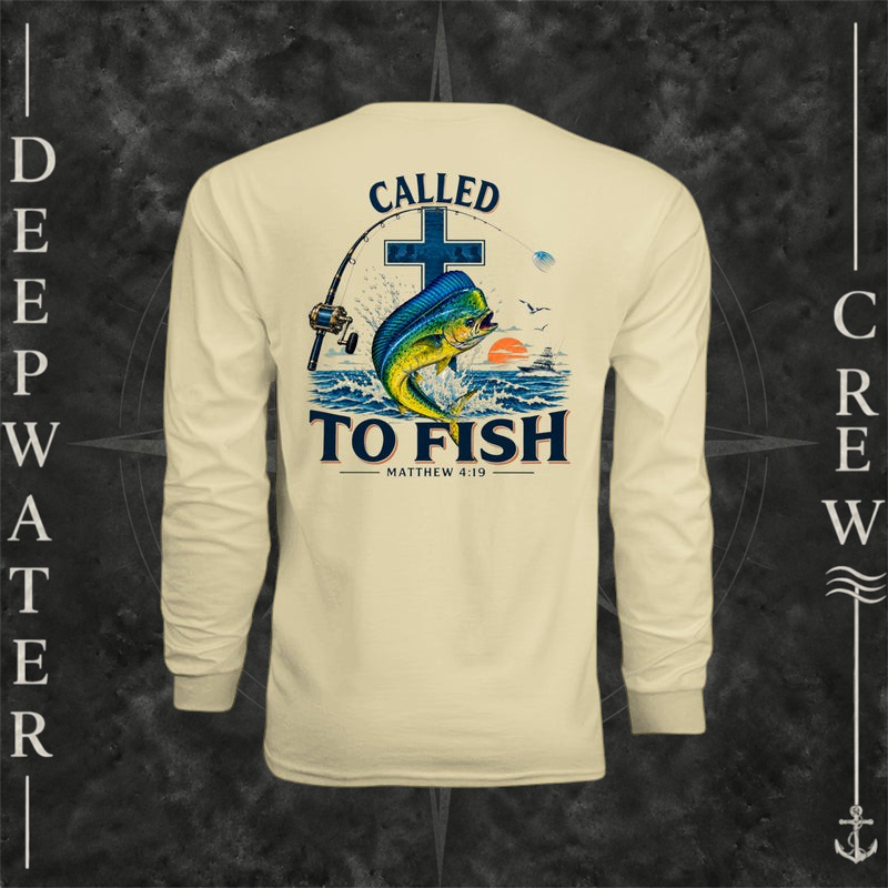 Light Yellow Deepwater Crew Co. Called to Fish UPF 44+ long-sleeve performance shirt, back view with cross, mahi-mahi, waves, offshore fishing elements, Matthew 4:19, and Called to Fish lettering.
